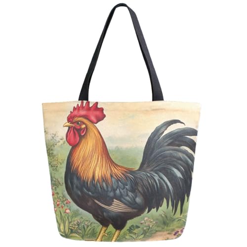 ZzWwR Fashion Extra Large Shoulder Tote Bag, Vintage Village Beautiful Rooster Canvas Durable Daily Weekender Handle Bag Ideal for Gym Picnic Yoga Beach Travel Kitchen Market Grocery Shopping