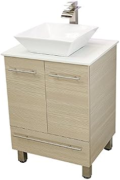 24" Freestanding Bathroom Vanity, Tan. White Flat Stone Countertop
