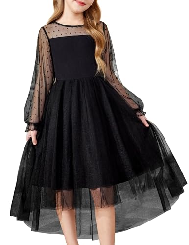 Arshiner Girls Dresses Contrast Mesh Long Sleeve Twirly High Low Birthday Party Formal Dress