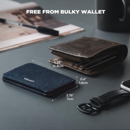 Image of VULKIT Slim Minimalist Card Holder RFID Blocking Leather Credit Card Holder Front Pocket Wallet Magnetic Closure, Denim Blue