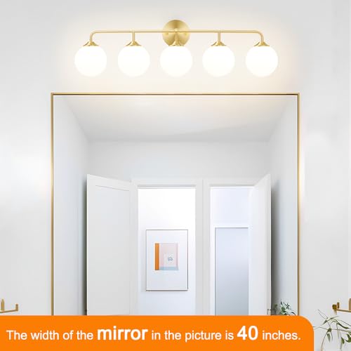 Image of Modern Brushed Brass 5-Lights Bathroom Vanity Light, Lighting Fixtures Over Mirror with Milky White Glass Ball Shades, Wall Sconces for Bathroom Dressing Table Bedroom