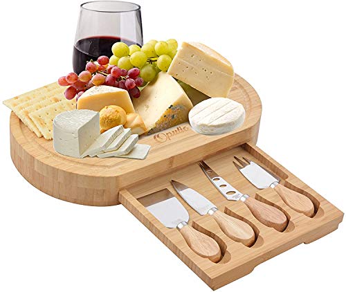 Opulic Bamboo Cheese Board and Knife Set – Charcuterie Wooden Serving Board, Comes Complete with 4 Cheese Knives in a Slide-Out Drawer, Great as Party Platter for Cheese Lovers - Pack of 4