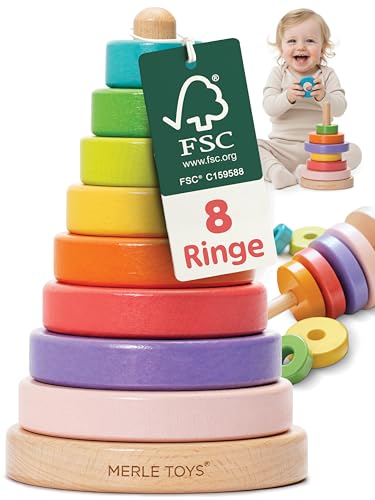 Merle Toys® Stapelturm Holz, 100% FSC-zertifiziertes Holzspielzeug Baby, Stapelturm ab 1 Jahr, Montessori Spielzeug, Stapelspiel ab 1 Jahr, BPA-Frei, Baby Spielzeug aus Holz, 8X Bunte Stapelringe