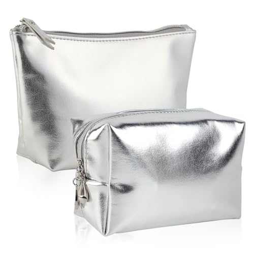Kytpyi Neceser Mujer, Bolsa de Maquillaje, 2 Piezas Impermeable Suave Cuero PU Neceser Maquillaje para Mujeres Estudiante, Portátil Bolsa de Aseo Mujer para Vida Diaria Viaje Acampar (Plata)