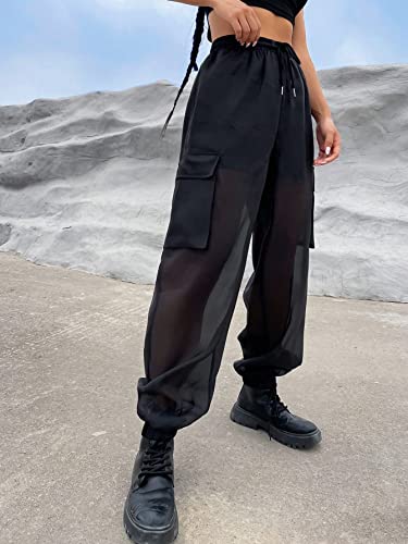 OYOANGLE Women's Mesh Sheer Drawstring Waist Flap Pocket Streetwear Jogger Cargo Pants4