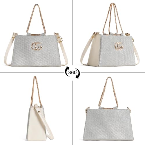 Image of Women's Tote Bag, Silver Glitter Fabric with Gold Chain Handle, Crossbody Strap (Silver)