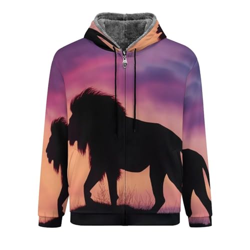 Sweat à capuche zippé pour homme avec doublure polaire chaude imprimé lion