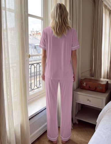 Image of HNG Women Pajamas Set 2 Piece Button Up Pajamas Pant and Short Sleeve Shirt for Woman Pj Sets with Pocket