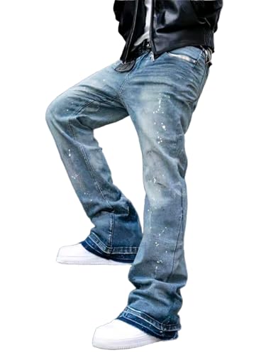 ORANDESIGNE Flared Jeans Herren Y2K Jeans Tintenspritze Patchwork Bootcut Zerrissene Schlaghose Streetwear A Blau S