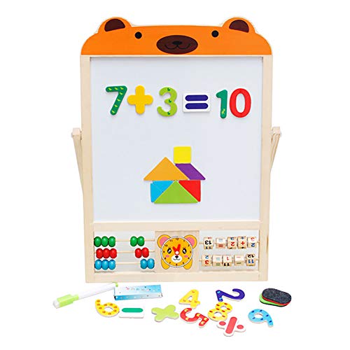 Caballete Infantil Pizarra magnética Infantil 2 en 1 Tablero de Dibujo Plegable Doble Cara para niños con tizas, números, Esponja, Imanes, Marcador y Tangram (Oso)