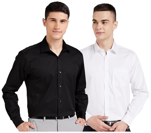 Image of Amazon Brand - Symbol Men's Solid Cotton Formal Shirt | Plain | Full Sleeve - Regular Fit (Available in Plus Size) (Black + White 46) (Combo Pack of 2)