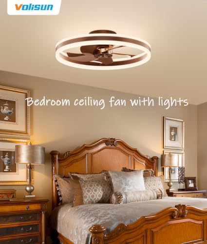 Image of VOLISUN Low Profile Ceiling Fans with Lights and Remote, 20in Flush Mount Ceiling Fans with Light, 3000K-6500K Dimmable Fandelier LED Fan Light, Farmhouse Ceiling Fans with Lights for Bedroom