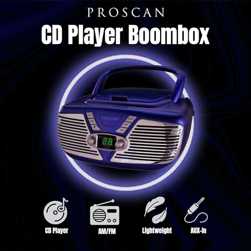 PROSCAN ELITE Retro CD Player - Portable Radio Boombox CD Player AM/FM Radio, AUX Input AC Powered or Battery Operated (Blue) - Thumbnail 3