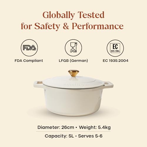 Image of CUMIN CO. Cast Iron Dutch Oven 5L, 26 cm | Induction Base Cookware | 10 Years Warranty | Non Toxic Non Stick Biryani Pot with Lid | Heavy Bottom | Chemical Free Coating | Free Accessories | White