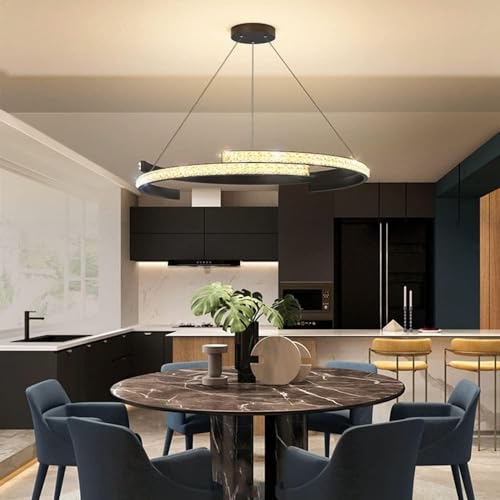 Luces de la isla , Iluminación de araña de comedor negra 丨 Lámpara colgante de cristal redonda LED compatible con sala de estar, cocina, dormitorio 丨 Lámparas de barra Lámparas colgantes de techo Ilum