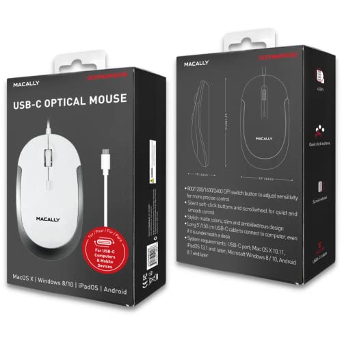 Macally Wired Usb C Mouse For Mac & Windows - 3 Button & Scroll Wheel Usb Type C Mouse - Comfortable Ambidextrous Design - Compact Wired Mouse With Optical Sensor & Dpi Switch 800/1200/1600/2400 #TOP5