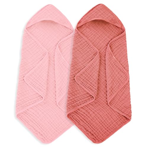 Image of MIGIOL Muslin Hooded Baby Towels 100% Cotton ，Super Soft Muslin Baby Bath Towel - 32 x 32 Inches, Suitable for Newborn and Young Children up to 3 Years Old. (Light Pink & Dark Pink)
