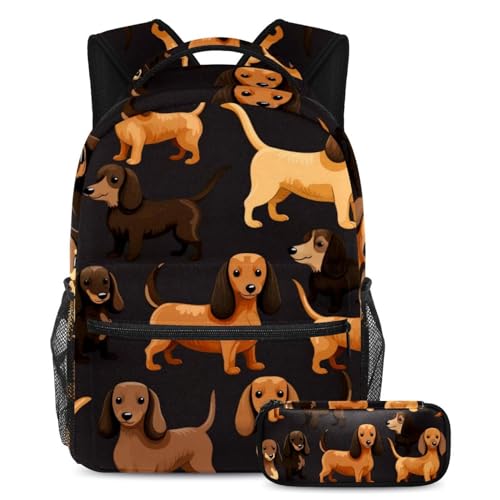 Sac à dos teckel multicolore grand volume et trousse scolaire pour étudiant