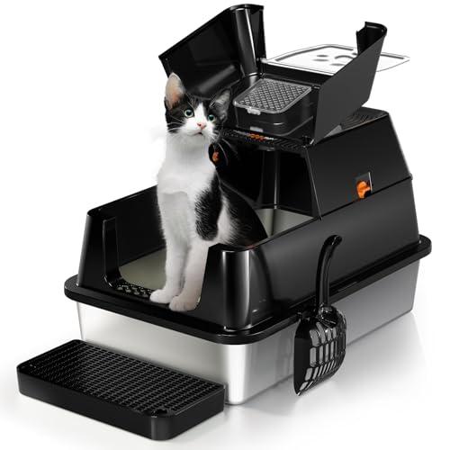 Image of Stainless Steel Cat Litter Box with Lid, 180 Flip-Top XL Extra Large Enclosed Litter Box, Covered Metal High Sided Litter Pan with Steps & Scoop, Easy Cleaning, Odor Control,Non-Sticky-Black