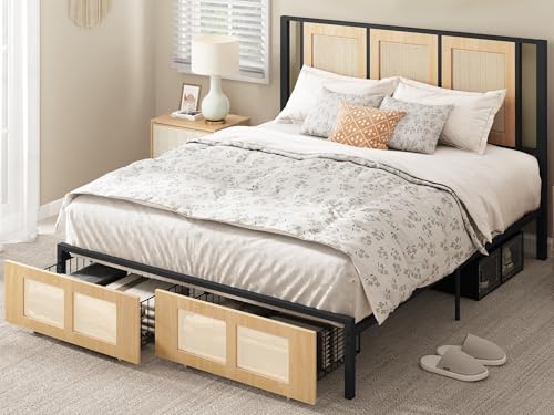 YITAHOME Natural Rattan Bed Frame Queen Size Headboard & Footboard...