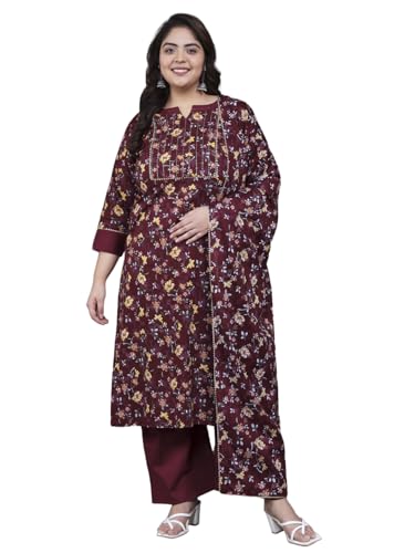 Image of Tissu Plus Women's Maroon Zari Work Printed Pure Cotton Kurta & Palazzo with Dupatta