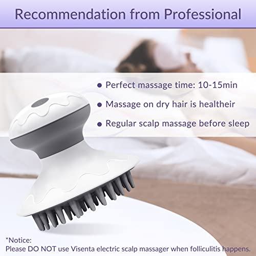 Image of Visenta Multi-Function Electric Scalp Massager, Vibrating Head Massager with 3 Modes for Stress Relief and Hair Growth, Made of Durable and Soft Silicone, Battery Operated to Use at Home and Travel.