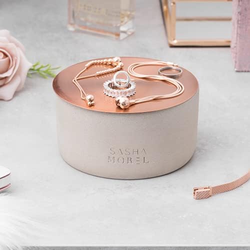 Sasha Morel Round Concrete Jewellery Storage Organiser Case Bowl Trinket Pot with Copper Metal Lid for Small Accessories - Earings Necklace Rings (Single)
