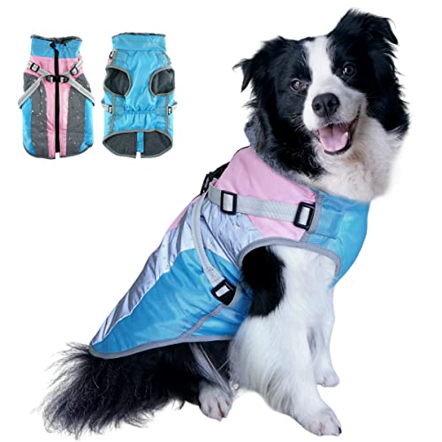 Eastlion Abrigo para Perros Chaqueta Cálida,Reflectante Traje de Nieve Impermeable Abrigo para Mascotas Exteriores con Arnés Desmontable para Perros Medianos Grandes Rosa-Azul Claro 5XL Cover