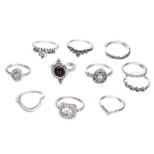 SXFSE Rings for Women, Set of 10 Vintage Rings for Women, Crown Design with Rhinestones