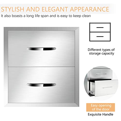 Image of 18''W x 15''H x 23''D Outdoor Kitchen Stainless Steel Flush Mount BBQ Double Access Drawers with Handles for Outdoor Kitchens or Patio Grill Station