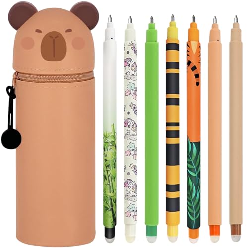 Scribbelfein Kawaii - Custodia per scuola 2 in 1, in morbido silicone + 4 penne cancellabili multicolore – Tigre, portapenne impermeabile con cerniera, set di forniture per la scuola, 0,7 mm, giallo