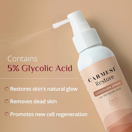 Image of Carmesi Restore Underarm Spray With 5% Glycolic Acid, 120 ml | Reduces Pigmentation & Restores Glow | 90% Natural | Dermatologically Tested | For All Skin Types | No Aluminium or Alcohol