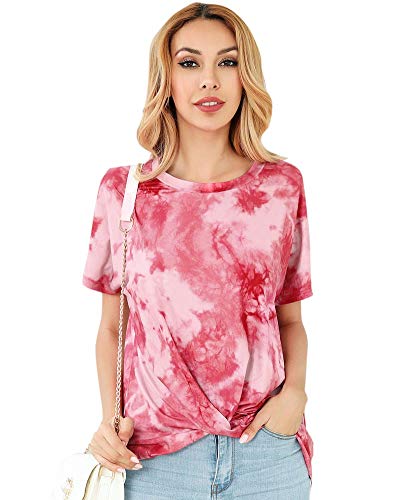 KUFV Womens Tie Dye Print Short Sleeve Twist Knotted Tops Blouse Tunic T Shirts Red