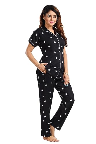 Image of Women's Cotton Heart Printed Night Suit Set of Shirt and Pyjama