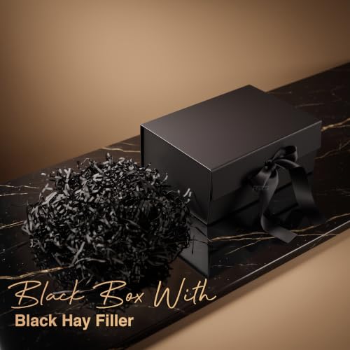 Image of RBS - Black Gift Box with Filler 23x16x10cm Empty Hamper Box for Gifting Holds Upto 5kg Sturdy Cardboard Gift Boxes 25g Decorative Shredded Paper Birthday, Christmas, Diwali Packing (Black Filler)