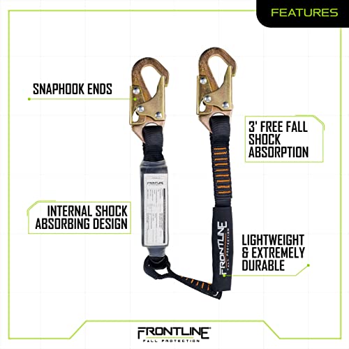 Image of Frontline LIS31S Combat 3' Single Leg Snaphook Lanyard with Internal Shock Absorber | Fall Arrest Restraint Protection Equipment Construction PPE Roofing Gear | OSHA and ANSI Compliant