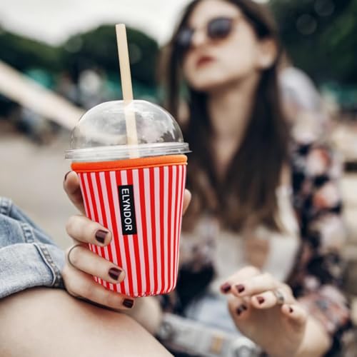 Image of Reusable Insulated Sleeve for Iced Coffee Cup, Coffee Neoprene Sleeve for Cold & Hot Drinks, Beverage Holder for Iced Coffee (Red Stripes, Medium: 22-24oz)