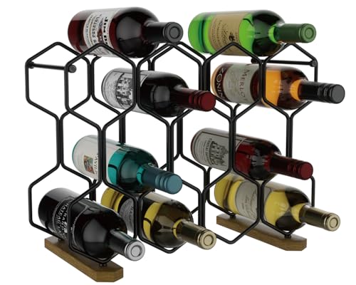 Buruis Countertop Wine Rack with Acacia Base, 14-Bottle Modern Freestanding Metal Holder for Red and...