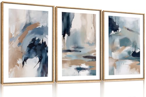 Image of KAIRNE Blue Abstract Neutral Framed Canvas Wall Art Set, Navy Abstract Wall Decor, Watercolor Blue and Brown Wall Painting, Modern Textured Art Prints for Living Room, Bedroom, Office-24 x36 x3
