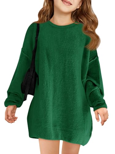 Image of Haloumoning Girls Sweater Dress Casual Crewneck Knit Long Sleeve Fall Winter Dress Pullover 5-14Y Army Green