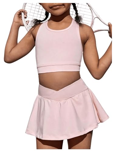 Image of SOLY HUX Toddler Girl's 2 Piece Workout Outfits Lightweight Crop Tank Tops and Skort Athletic Set Solid Pink 7Y