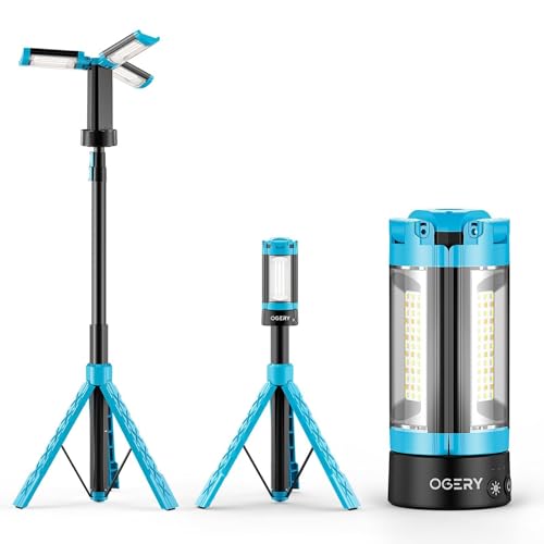 OGERY Rechargeable 10000mAh Camping Light with Stand 6.5 ft Max Height, Cordless Work Light with 3 LED Lamp Heads, 2200 Lumens Camping Essentials Gear Emergency Flashlight with Detachable Tr