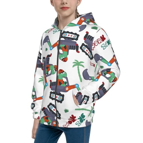 Dinosaur on Excavator2 Kids Pullover Hoodies Boys Zip Up Sweatshirts Girls Athletic Clothes with Pocket
