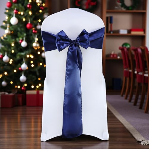 MDS Satin Chair Sashes, 50 Pack, 7”x108” Each, Decorative Chair Bows Ribbon Tie Backs for Christmas Party, Holiday Dinner, Wedding, Harvest Dinner, Thanksgiving, New Year Decorations, Navy Blue