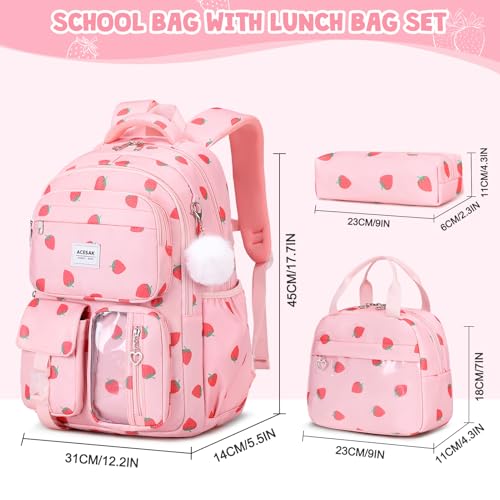 Backpack for Girls - Girls Backpack with Lunch Bag & Pencil Pouch for Teen Kids Laptop Backpack for Women, Elementary Middle High School Bookbag Travel Daypack (Pink Strawberry)2