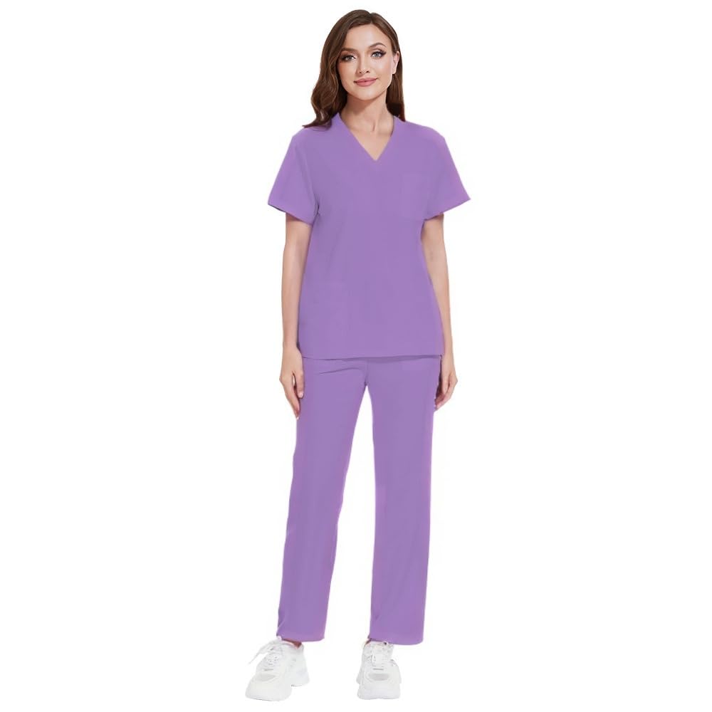 DK77 – Uniforme médical pour femme avec col en V, manches courtes, pantalon droit, 8 poches, cordon de serrage extensible, évacuation de l'humidité