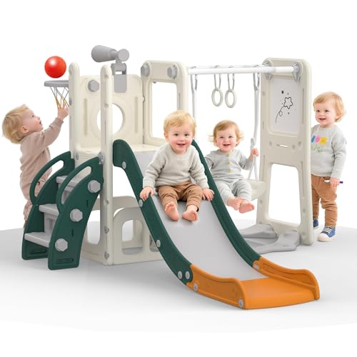 hoopyosms 8-in-1 Rutsche und Schaukel Set für Kleinkinder mit Whiteboard, Basketballkorb, Teleskop, Klettergerüst & Turnringen, Indoor Outdoor Spielplatz Aktivitätscenter für Kinder(Grün)