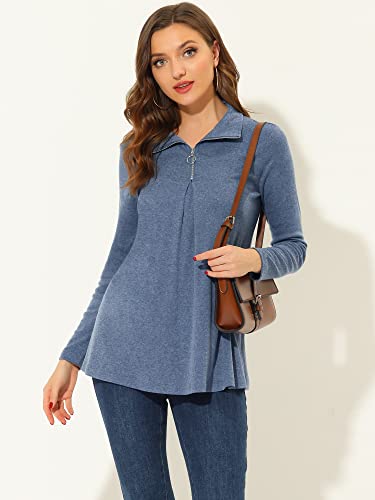 Allegra K Women's Swing Blouse Mock Neck Long Sleeve Zip Up Tunic Top Large Grey Blue #TOP1