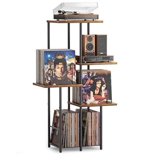 Bikoney Meuble pour Platine Vinyle avec Rangement, Étagère d’Affichage pour Disques, Support Table pour Platine avec Organisateur de Vinyles, Meuble Vintage en Bois...