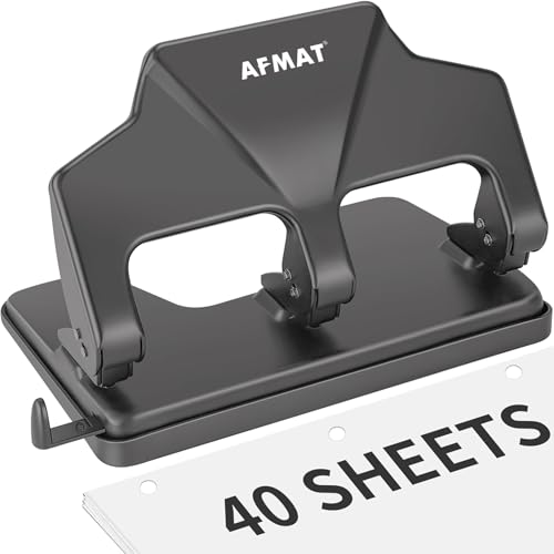 Image of AFMAT 3 Hole Punch Heavy Duty, 40-Sheet Three Hole Punch, 50% Reduced Effort, 3 Hole Puncher for Binder w /Large Chip Tray, 9 /32 inch Holes Diameter, Metal Paper Puncher for Home /Office /School, HP16